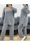 GRANDE TAILLE ENSEMBLE MAILLE PULLOVER + PANTALON AH250721 GRIS