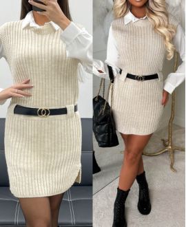 3-PIECE SWEATER SET + SHIRT + BELT AH250655 BEIGE