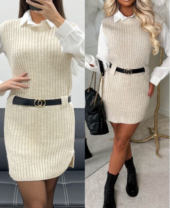 CONJUNTO DE 3 PIEZAS + CAMISA + CINTURÓN AH250655 BEIGE