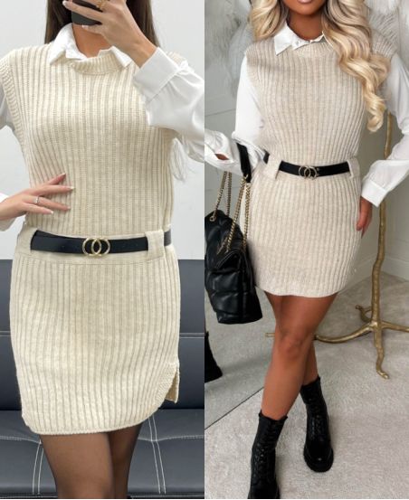 SET MAGLIONE 3 PEZZI + CAMICIA + CINTURA AH250655 BEIGE