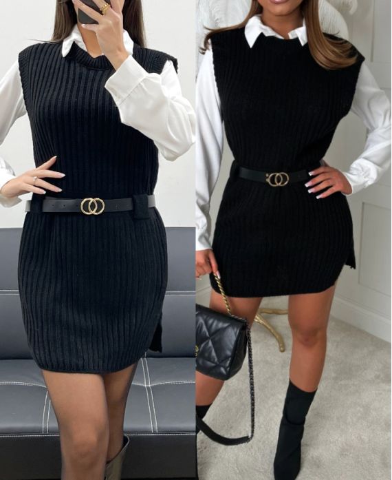 ENSEMBLE 3 PIECES PULL LONG + CHEMISE + CEINTURE AH250655 NOIR