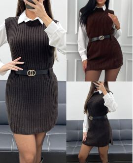 3-CZĘŚCIOWY KOMPLET SWETER + KOSZULA + PASEK AH250655 BRĄZOWY