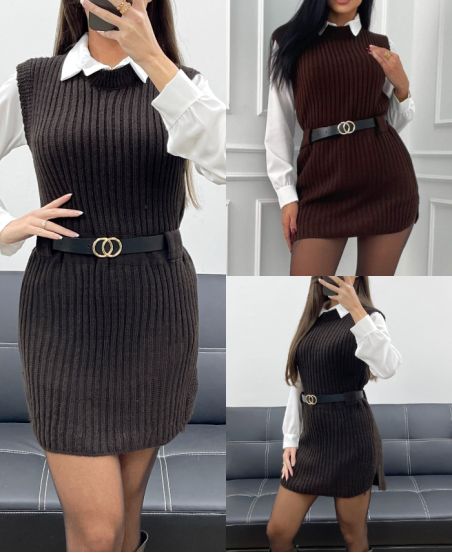 3-CZĘŚCIOWY KOMPLET SWETER + KOSZULA + PASEK AH250655 BRĄZOWY