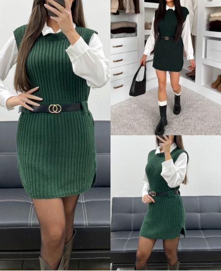 SET MAGLIONE 3 PEZZI + CAMICIA + CINTURA AH250655 VERDE
