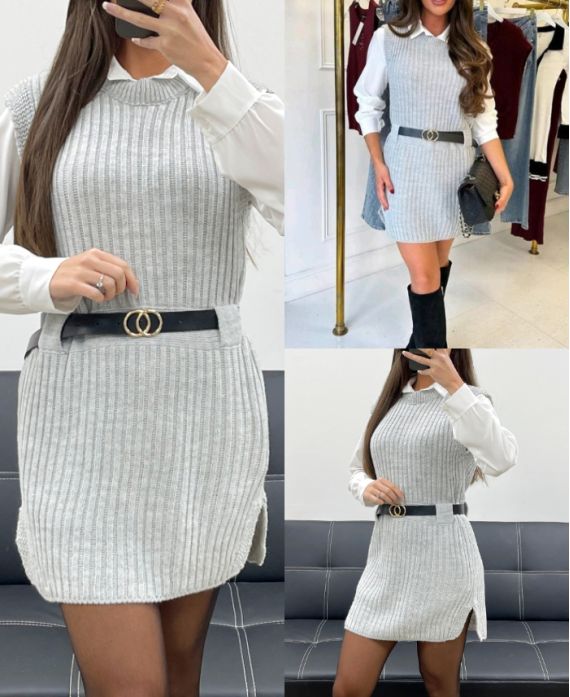 ENSEMBLE 3 PIECES PULL LONG + CHEMISE + CEINTURE AH250655 GRIS CLAIR