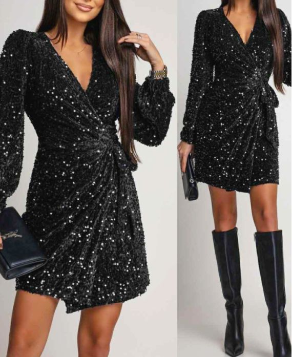 ROBE DRAPéE VELOURS SEQUINS AH250728 NOIR