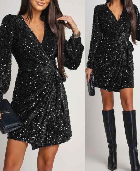 BLACK SEQUIN VELVET DRAPED DRESS AH250728