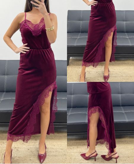 GONNA LUNGA IN VELLUTO SPACCO IN PIZZO AH250675 BORDEAUX