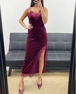 LONG VELVET SKIRT LACE SLIT AH250675 BURGUNDY