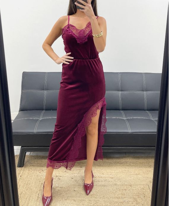 LONG VELVET SKIRT LACE SLIT AH250675 BURGUNDY
