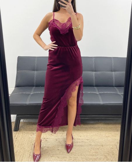 LONG VELVET SKIRT LACE SLIT AH250675 BURGUNDY