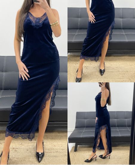 LONG VELVET LACE SKIRT WITH SLIT AH250675 NAVY BLUE