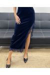 LONG VELVET LACE SKIRT WITH SLIT AH250675 NAVY BLUE