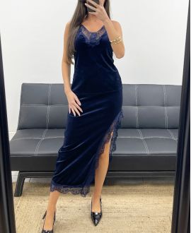 LANGER SPITZENROCK AUS SAMT MIT SCHLITZ AH250675 MARINEBLAU