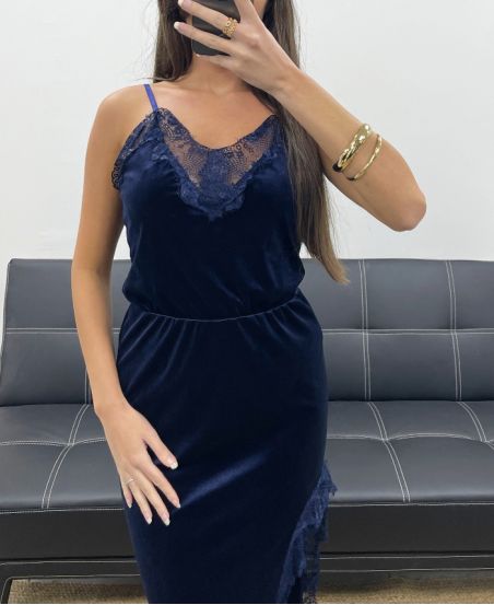 FLUWELEN KANTEN TOP MET BANDJES AH250671 MARINEBLAUW