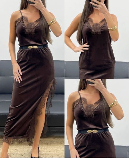 TOP VELOURS DENTELLE A BRETELLES AH250671 CHOCOLAT