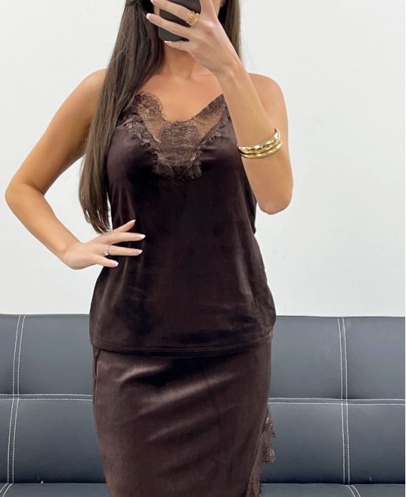 TOP VELOURS DENTELLE A BRETELLES AH250671 CHOCOLAT