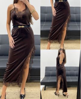 GONNA LUNGA IN PIZZO VELLUTO CON SPACCO CIOCCOLATO AH250675