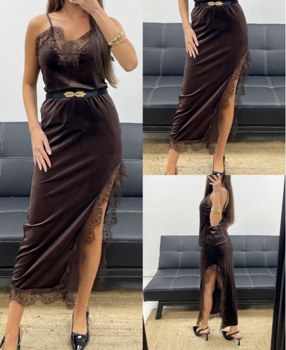 GONNA LUNGA IN PIZZO VELLUTO CON SPACCO CIOCCOLATO AH250675