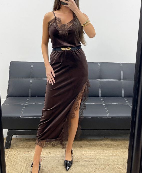 GONNA LUNGA IN PIZZO VELLUTO CON SPACCO CIOCCOLATO AH250675