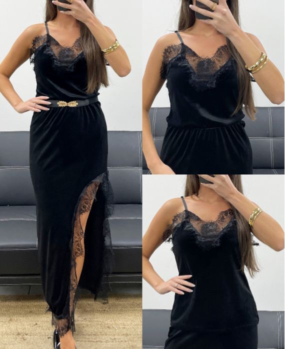 TOP IN VELLUTO PIZZO CON SPALLINE AH250671 NERO