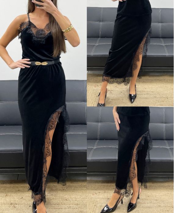 LONG VELVET LACE SKIRT WITH BLACK SLIT AH250675