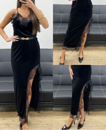 LONG VELVET LACE SKIRT WITH BLACK SLIT AH250675