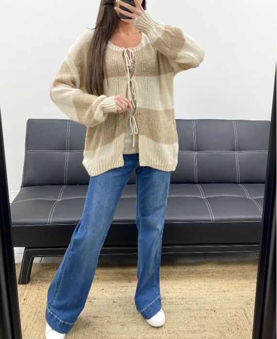 SOFT STRIPED CARDIGAN SWEATER AH255061 BEIGE