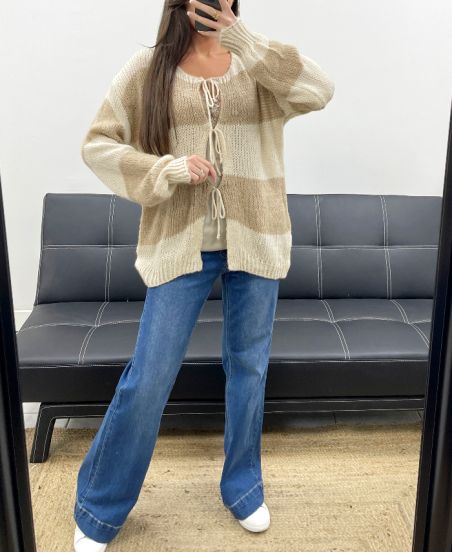 PULL GILET DOUX A RAYURES AH255061 BEIGE