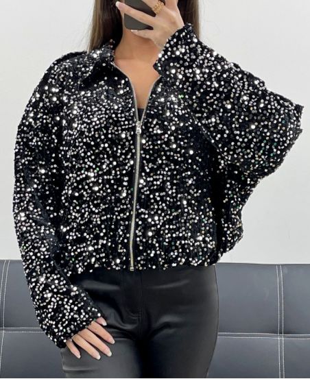 CHAQUETA CON CREMALLERA DE LENTEJUELAS PLATEADAS AH250669
