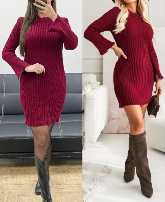 RIBBELGESTRICKTES KLEID AH250732 BURGUNDERROT