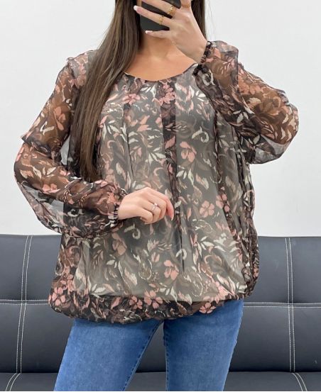 BLOUSE VOILAGE EFFET BOULE AH255103 CHOCOLAT