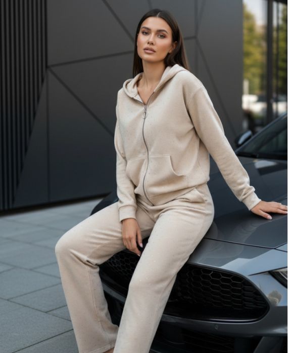 VEST MET CAPUCHON + BROEK SET 2 ZAKKEN STUDD AH36382 BEIGE FLUWEEL