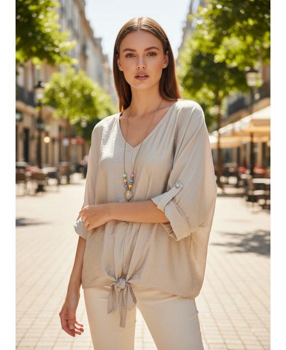 FLIEẞENDE BLUSE MIT KRAGEN GEBUNDEN PE2090 BEIGE