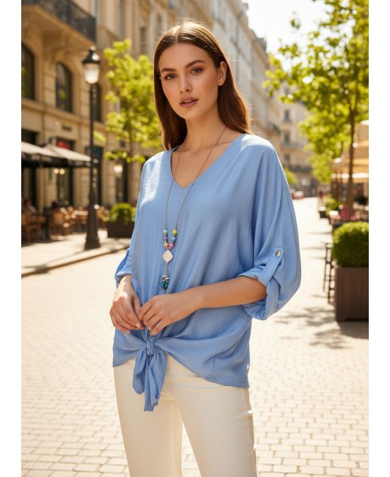 BLOUSE FLUIDE NOUEE AVEC COLLIER PE2090 BLEU