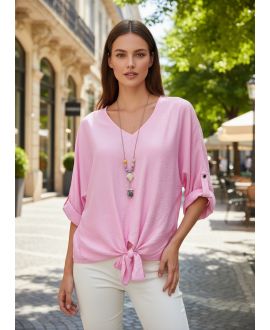 BLUSA ANUDADA Y FLUIDA CON CUELLO ROSA SS2090