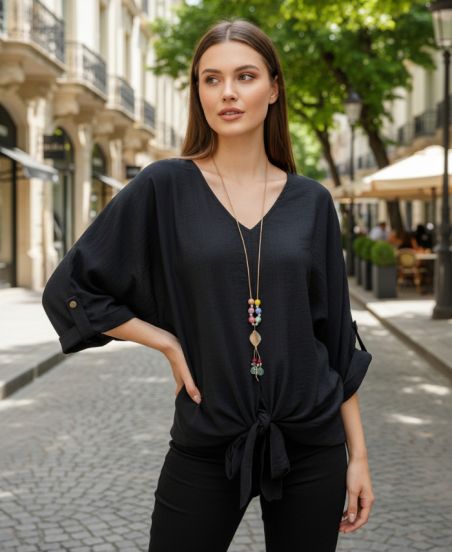 BLOUSE FLUIDE NOUEE AVEC COLLIER PE2090 NOIR