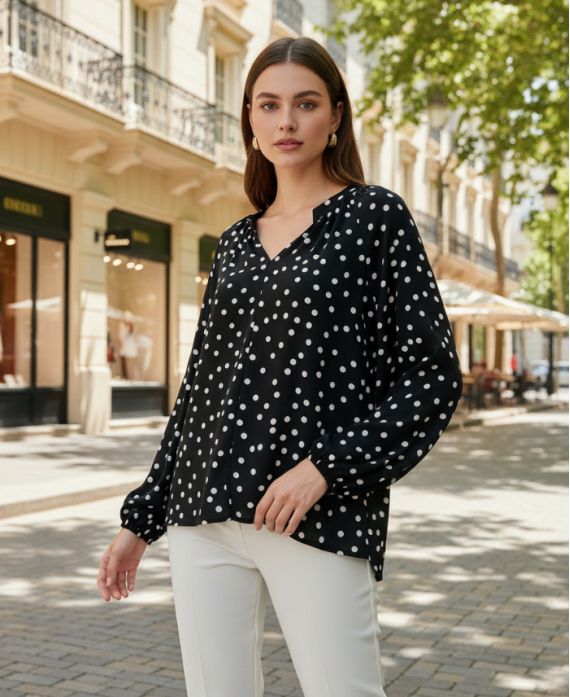 BLOUSE MET POLKADOTPRINT SS2095 ZWART