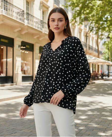 BLOUSE MET POLKADOTPRINT SS2095 ZWART