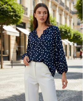 BLOUSE MET STIPPENPRINT SS2095 MARINEBLAUW