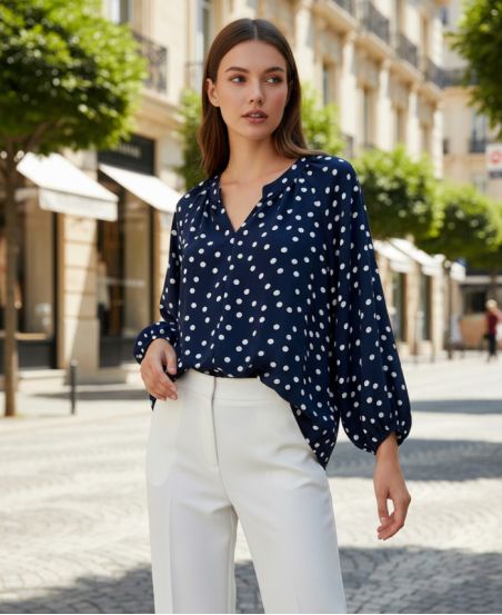 BLOUSE MIT GEPUNKTETEM MUSTER SS2095 MARINEBLAU