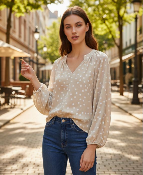 BLUSA CON ESTAMPADO DE LUNARES PE2095 BEGE