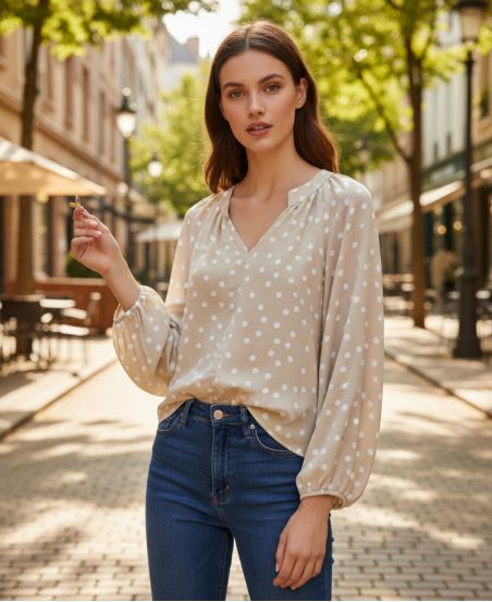 BLUSA CON ESTAMPADO DE LUNARES PE2095 BEGE