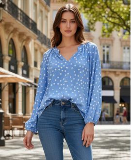 BLOUSE IMPRIMEE POIS PE2095 BLEU CIEL