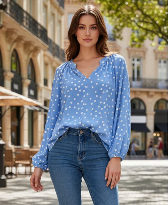 BLOUSE IMPRIMEE POIS PE2095 BLEU CIEL