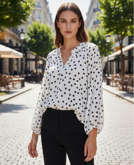 BLUSE MIT GEPUNKTETEM DRUCK, PE2095 WEISS