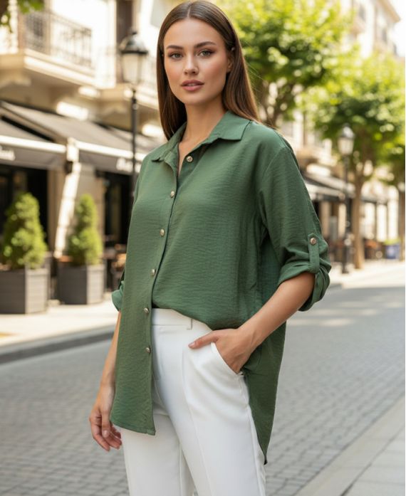 CAMICIA OVERSIZE SVOLAZZANTE SS2102 VERDE MILITARE