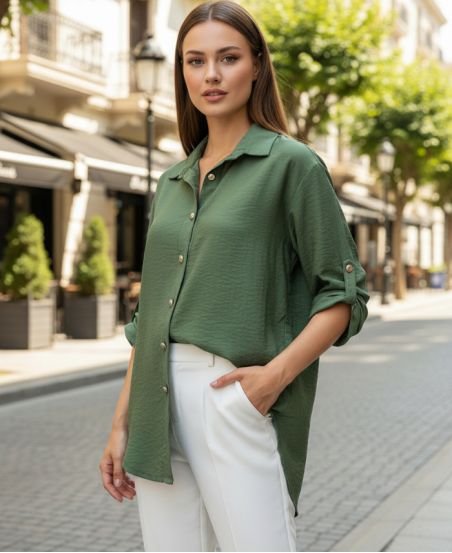 CAMICIA OVERSIZE SVOLAZZANTE SS2102 VERDE MILITARE