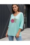 PULL AMPLE LEGER FLOCAGE DOUBLE ETOILE PE0264 VERT PASTEL