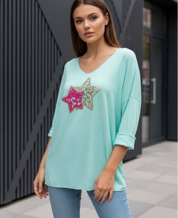 LEICHTER LOCKERER PULLOVER DOPPELTER STERN BEFLOCKUNG PE0264 PASTELLGRÜN